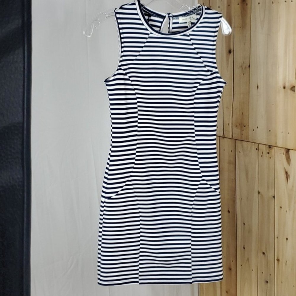 Monteau navy and white striped dress.